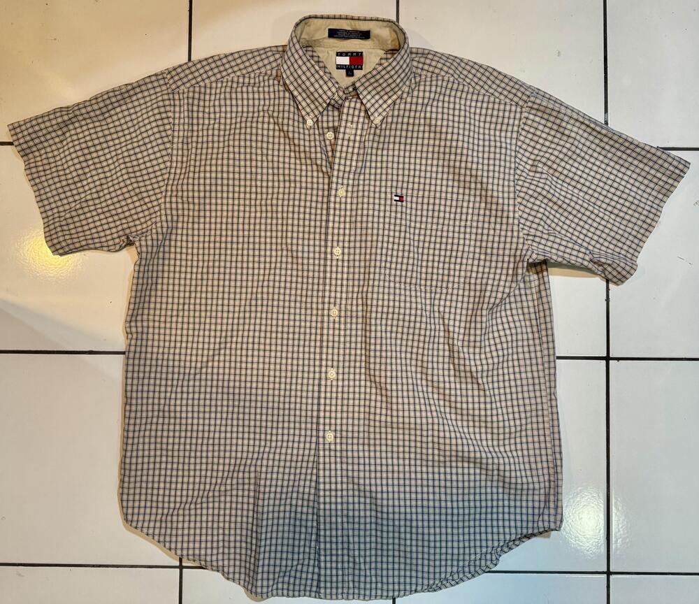 Tommy Hilfiger Shirt Mens Large Beige Blue Check Short Sleeve Button Down Casual